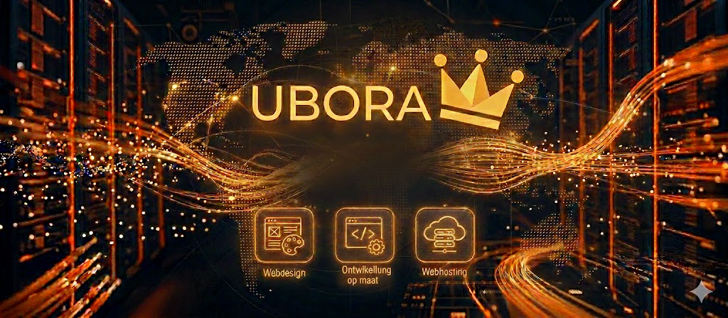 Banner met Ubora kroon-logo en de onderdelen webdesign, ontwikkeling op maat en webhosting afgebeeld.