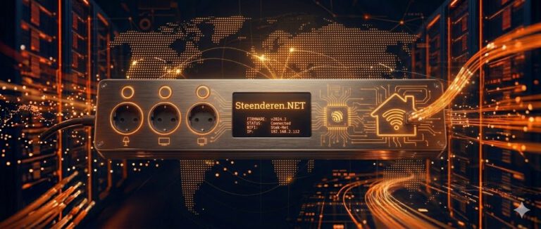 ESPhome slimme stekkerdoos met logo Steenderen.NET op het display.